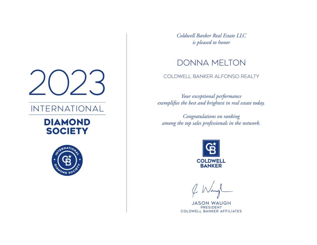Donna Melton, Coldwell Banker Alfonso Realty, 2023 International Diamond Society certificate, expert in homes for sale Gulf Coast